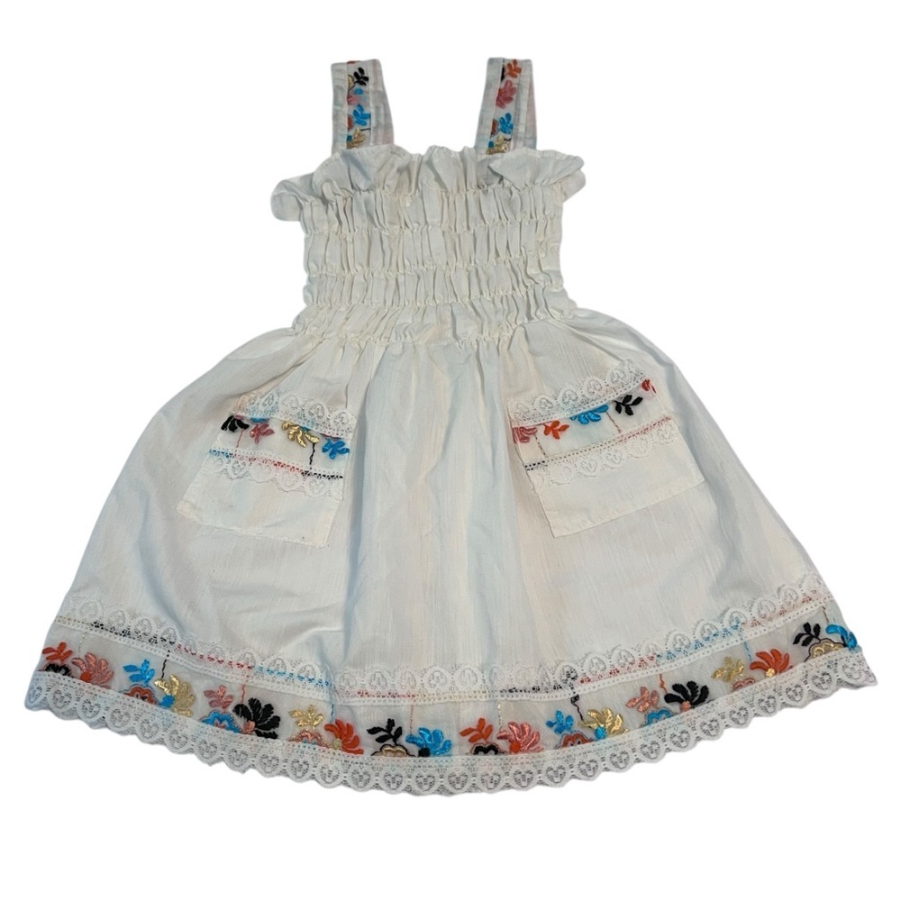 Vintage-Style White Embroidered Girl’s Dress Smocked Bodice, Floral Details‎